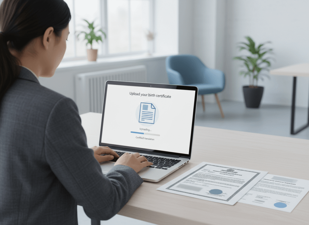 Person uploading a foreign birth certificate online for certified English translation, showing how to translate a birth certificate for immigration.