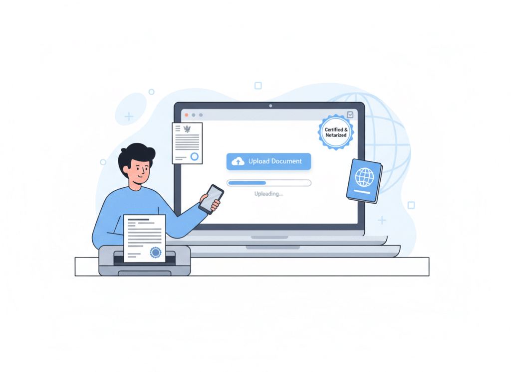 Person uploading birth certificate for certified translation and notarization online