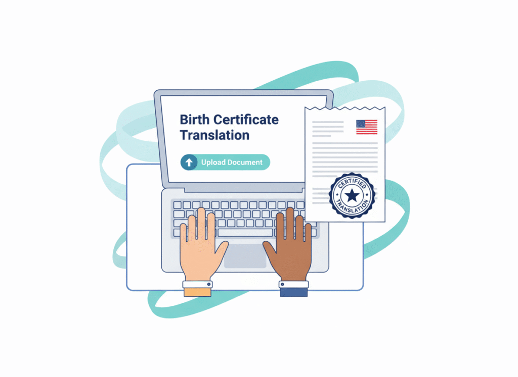 Person uploading birth certificate online to get a certified translation for USCIS