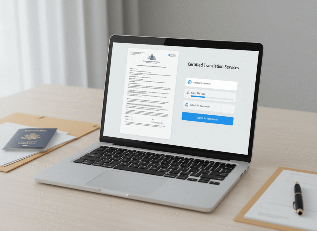 Person uploading birth certificate online to get it translated for USCIS immigration application