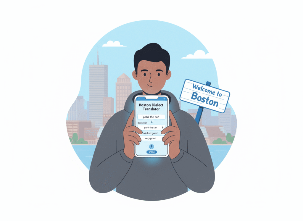 Person using a Boston dialect translator app on a smartphone with a subtle Boston skyline in the background