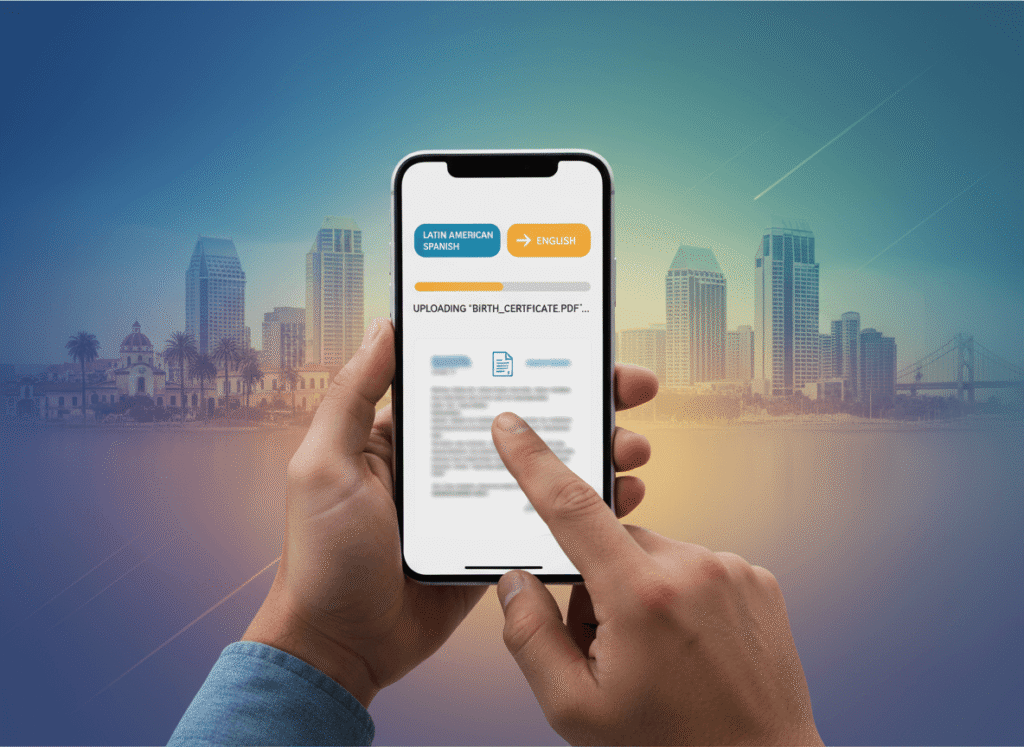 Person using a mobile platform to upload documents for English to Spanish Latin America translation