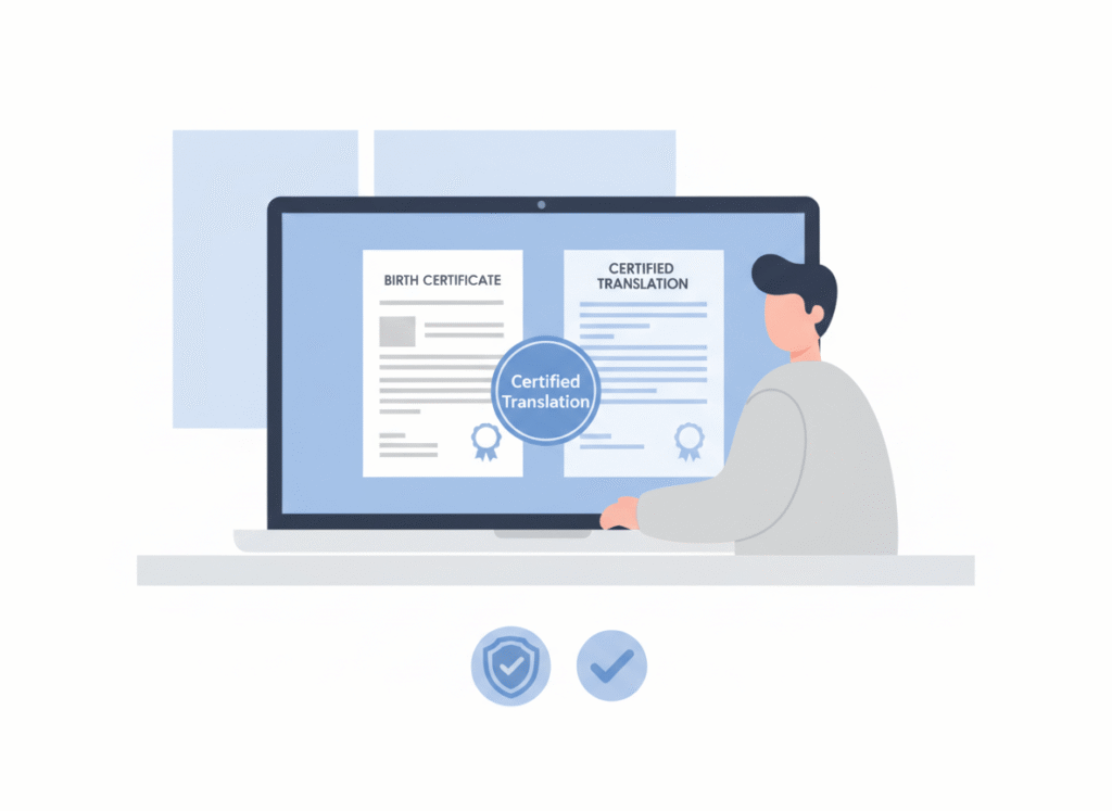 Person using an online platform to translate a birth certificate into English with a certified translation badge