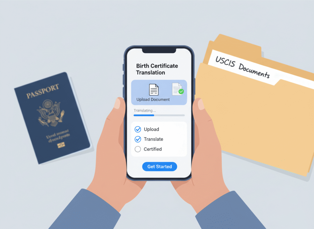 Person using mobile app to upload birth certificate for official translation of documents