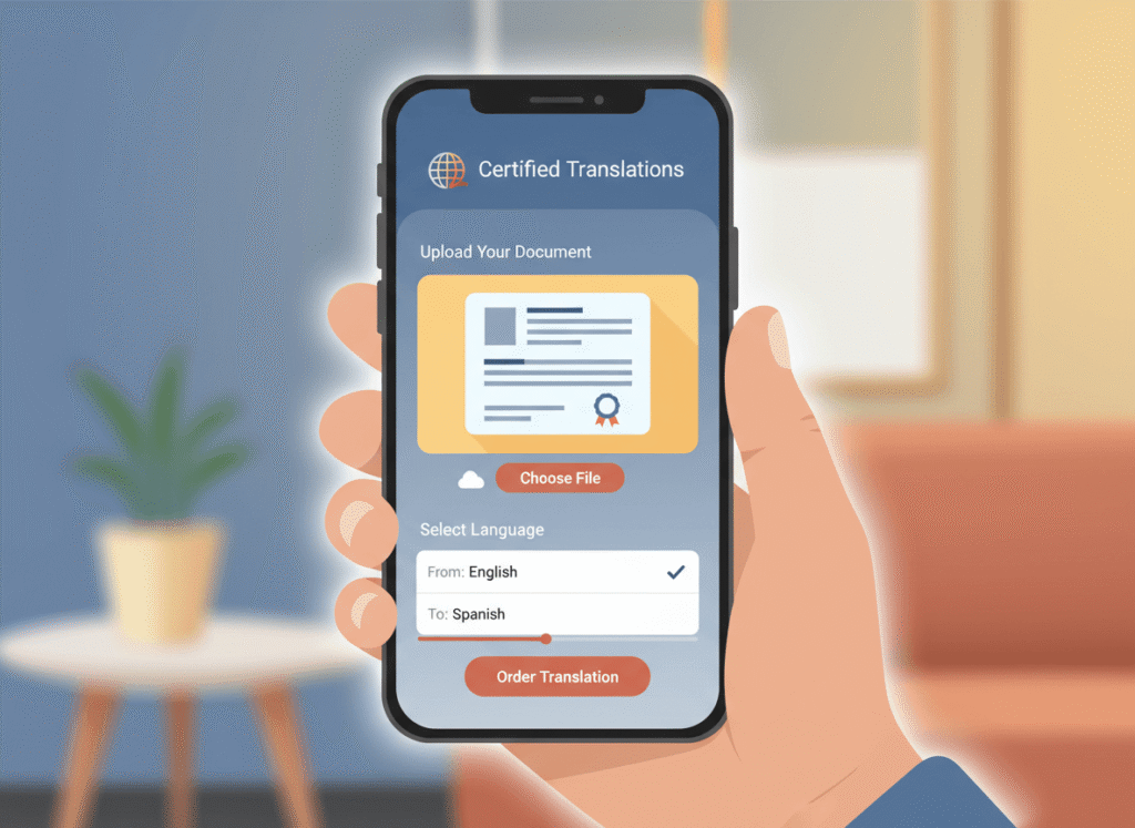 Person using online service to get birth certificate translated to Spanish on mobile