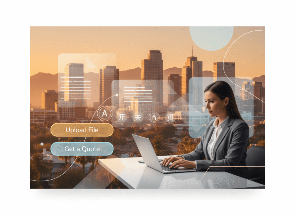 Phoenix skyline with professional translator and documents representing certified translation services in Phoenix