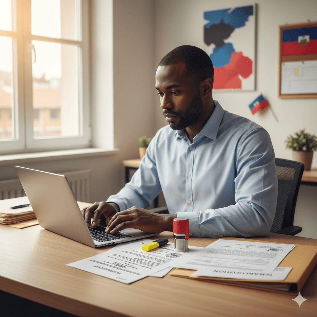 Professional Haitian Creole to English translator reviewing a Haitian civil document at a desk.