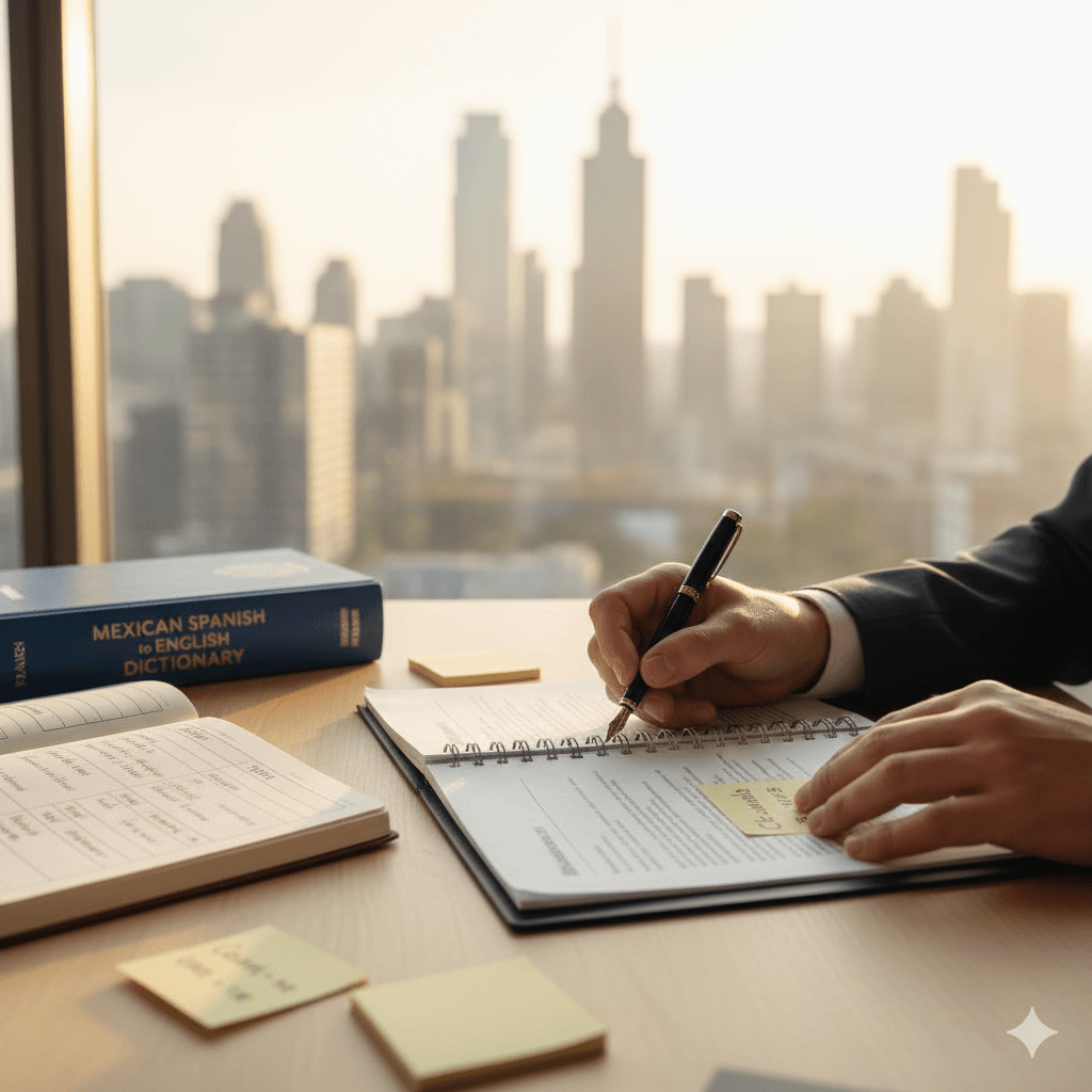 Professional Mexican Spanish translator reviewing a legal document with bilingual notes