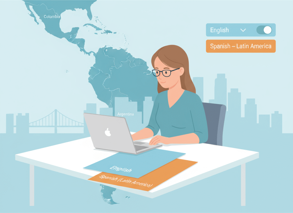 Professional Spanish Latin America translator reviewing English and Latin American Spanish documents with San Diego and Latin America in the background