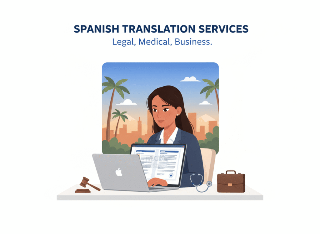 Professional Spanish language translator in Phoenix reviewing English to Spanish documents on a laptop