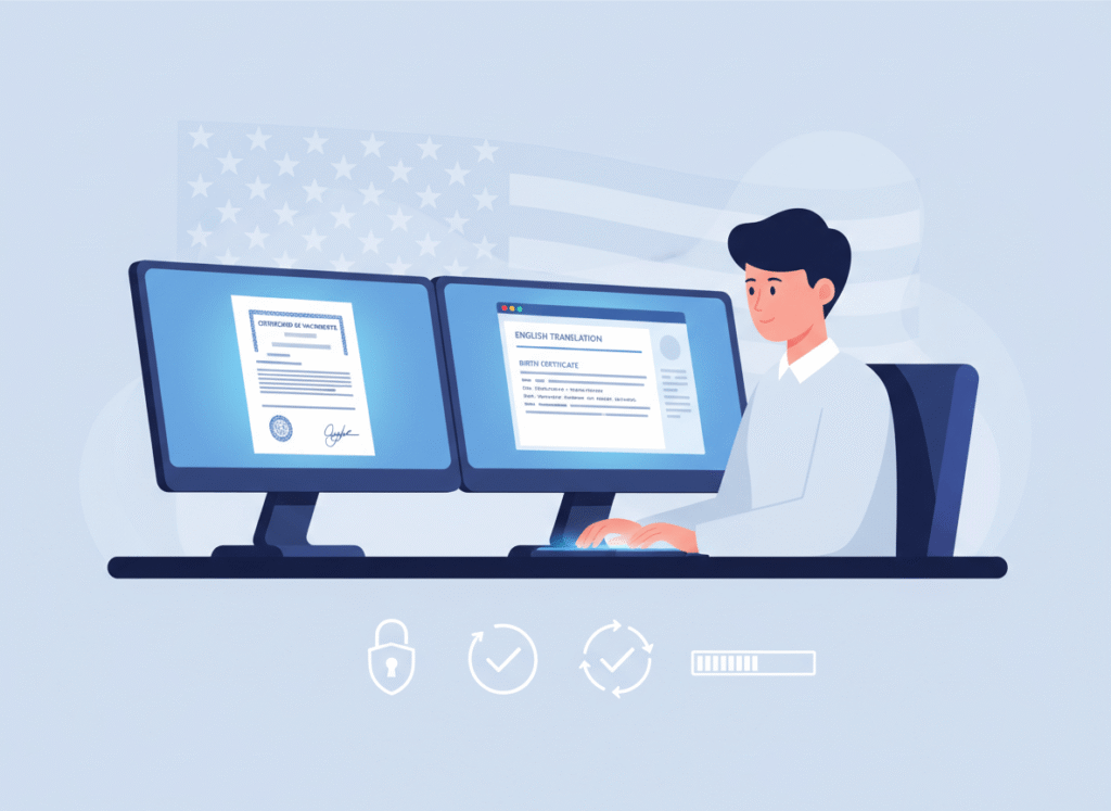 Professional linguist translating a Spanish birth certificate to English online for immigration purposes