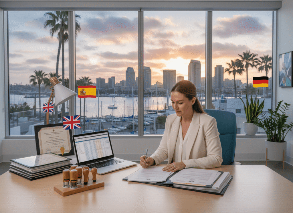 Professional translation company in San Diego reviewing certified documents with city skyline in the background