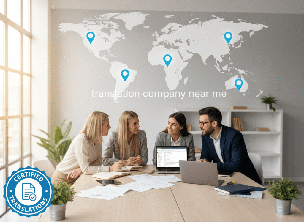 Professional translation company near me with certified translators collaborating in a modern office
