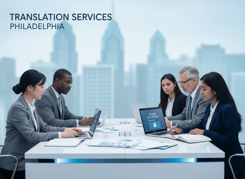 Professional translation services Philadelphia team reviewing certified documents with secure online upload interface