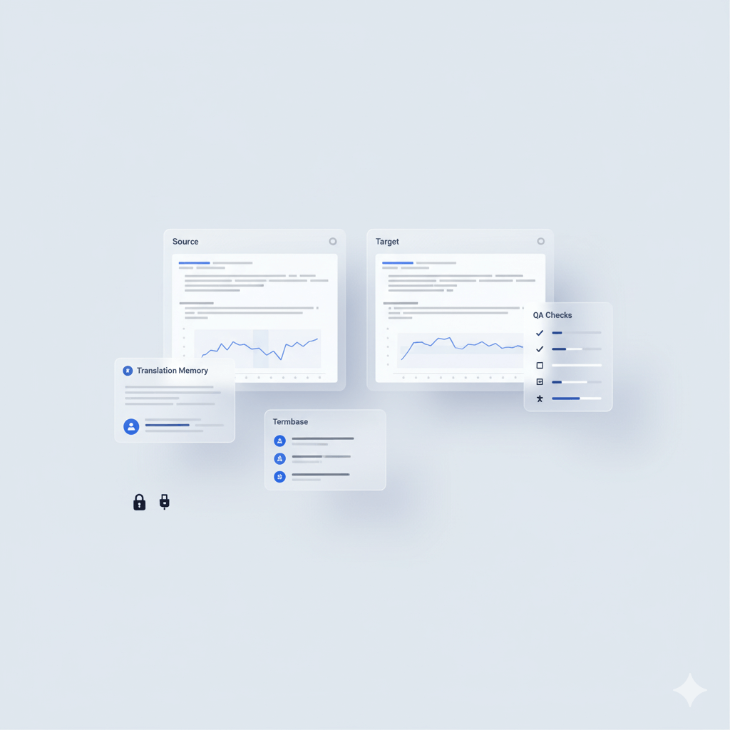 Professional translation software dashboard with CAT tools, glossary and QA checks (square).