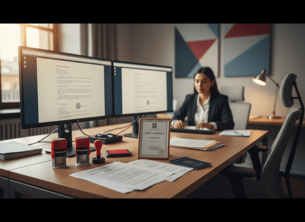 Professional translator preparing a certified birth certificate translation for US immigration