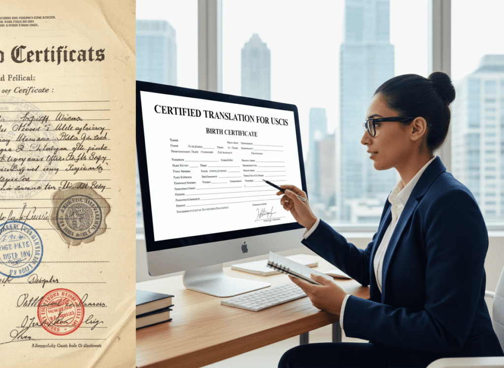 Professional translator preparing a certified birth certificate translation for USCIS in a modern office