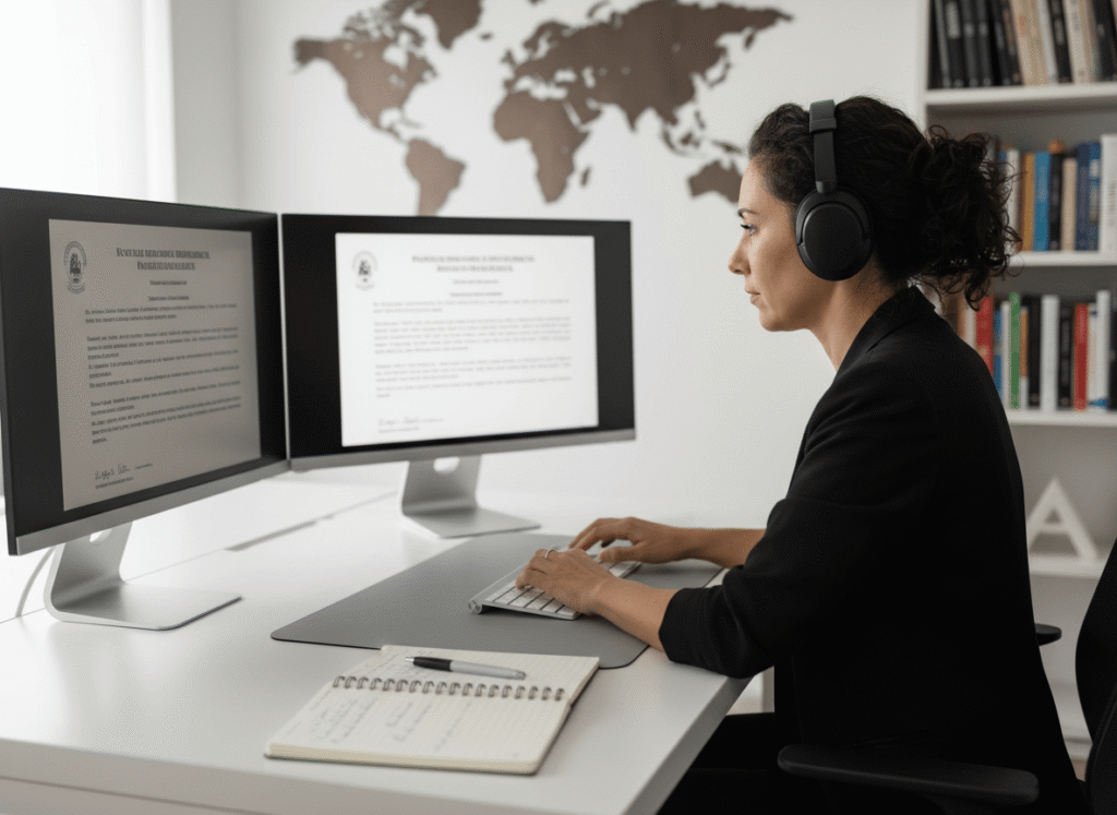 Professional translator preparing a certified birth certificate translation for USCIS requirements