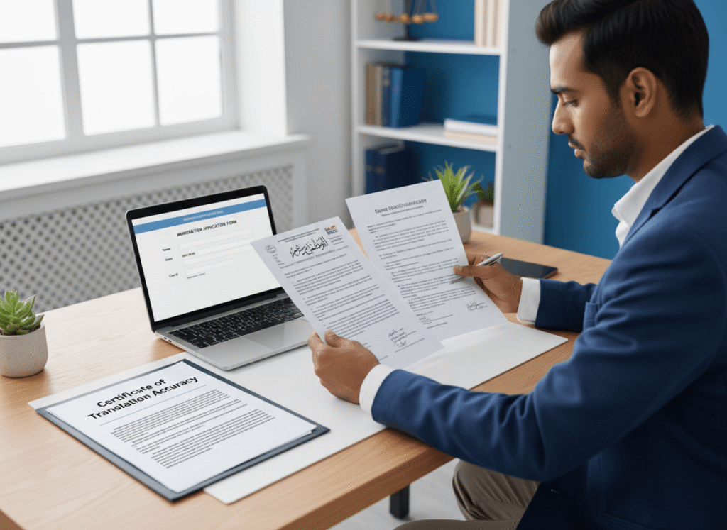 Professional translator preparing certified English translation for USCIS documents at a tidy office desk