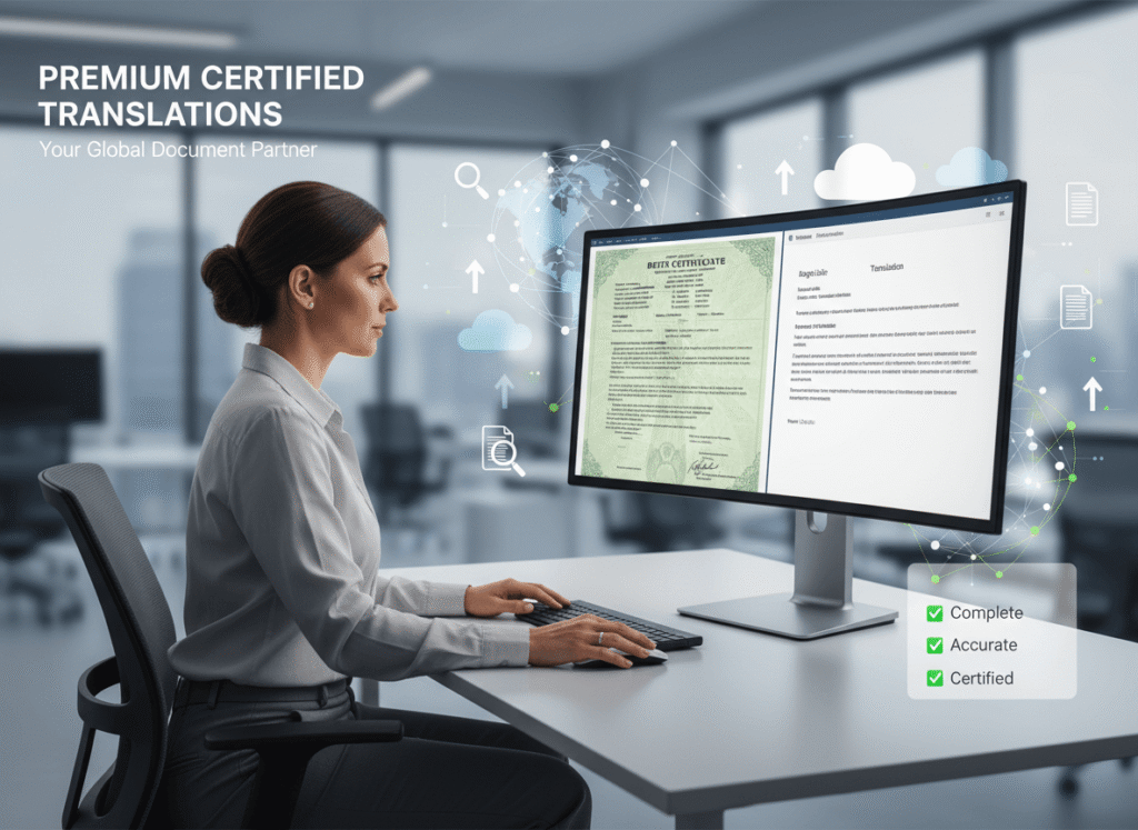 Professional translator preparing certified English translation of a birth certificate for immigration use