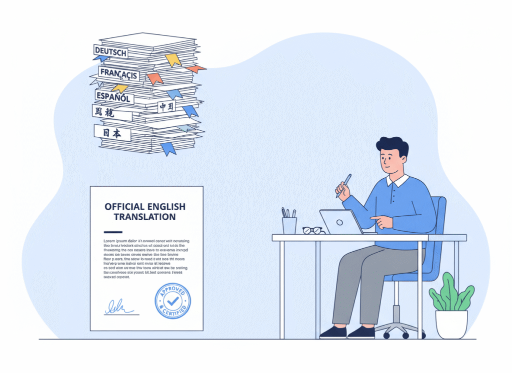 Professional translator reviewing authorized English translation of official documents