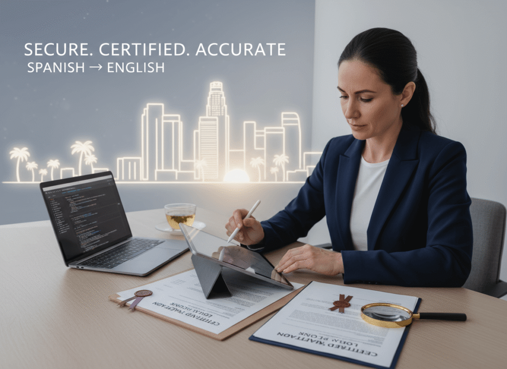 Professional translator reviewing documents mentioning Los Ángeles, California for accurate Spanish to English certified translation