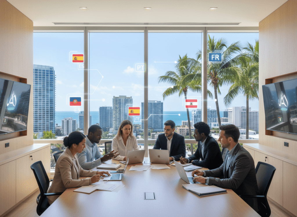 Professional translators in a Miami office providing translation services in multiple languages.