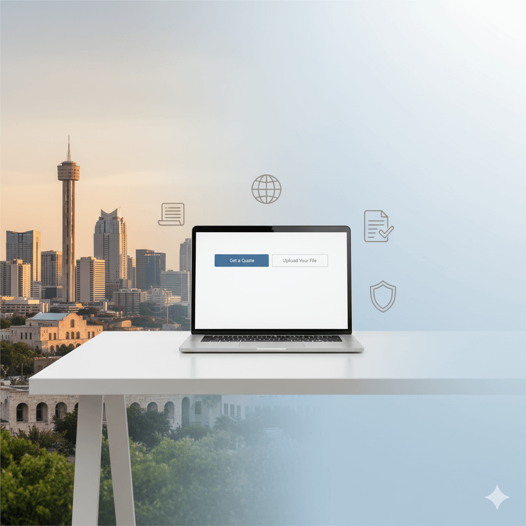 San Antonio TX skyline with professional translation workspace and clear space for headline and CTA.
