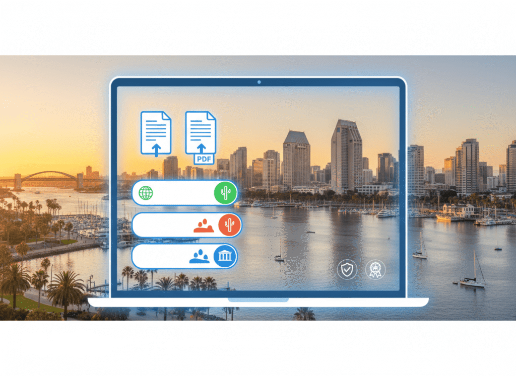 San Diego translation company hero banner with waterfront skyline and online document upload on a laptop