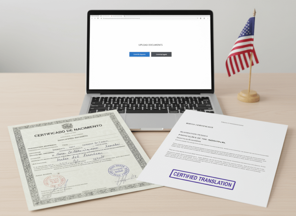 Spanish birth certificate side by side with certified English translation for USCIS application
