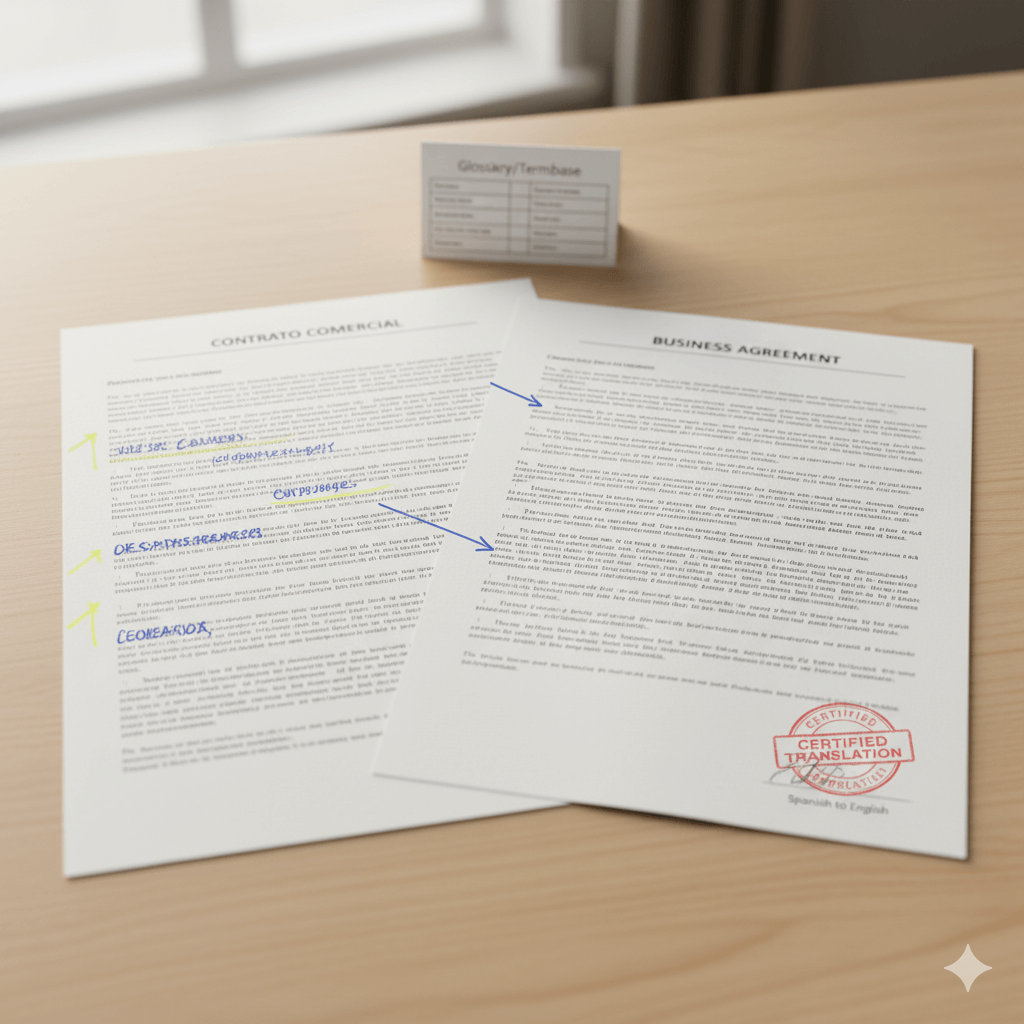 Spanish business translation to English showing a bilingual contract with terminology notes and a certified translation annotation.