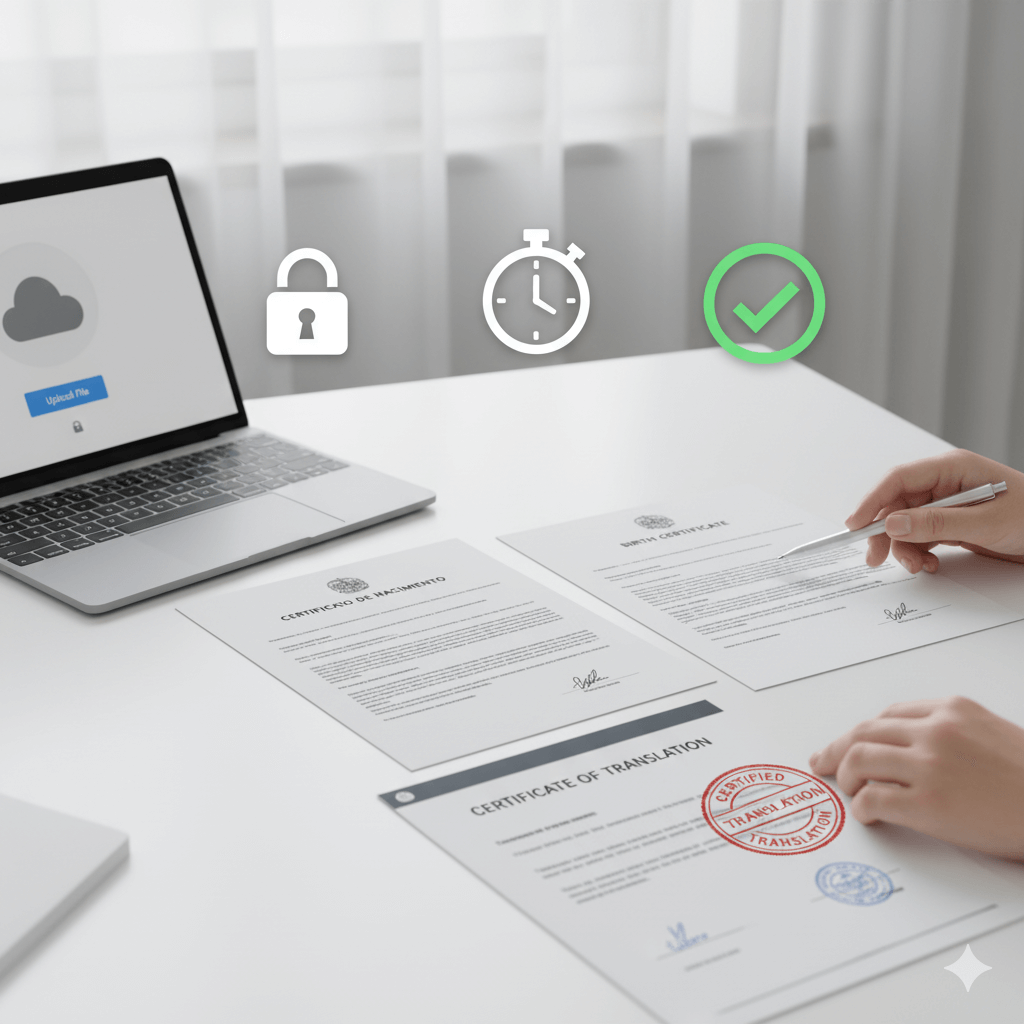 Spanish to English translation services with a certified Spanish translator reviewing documents and a certificate of translation on the desk.