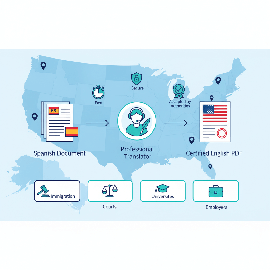 Spanish translation company banner with US map pins, fast secure certified translation service near me.