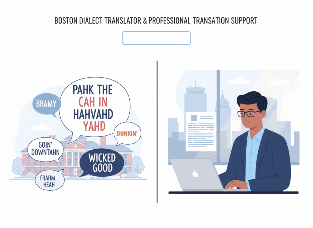 Split-screen banner showing Boston accent phrases on one side and a professional translator working in Boston on the other