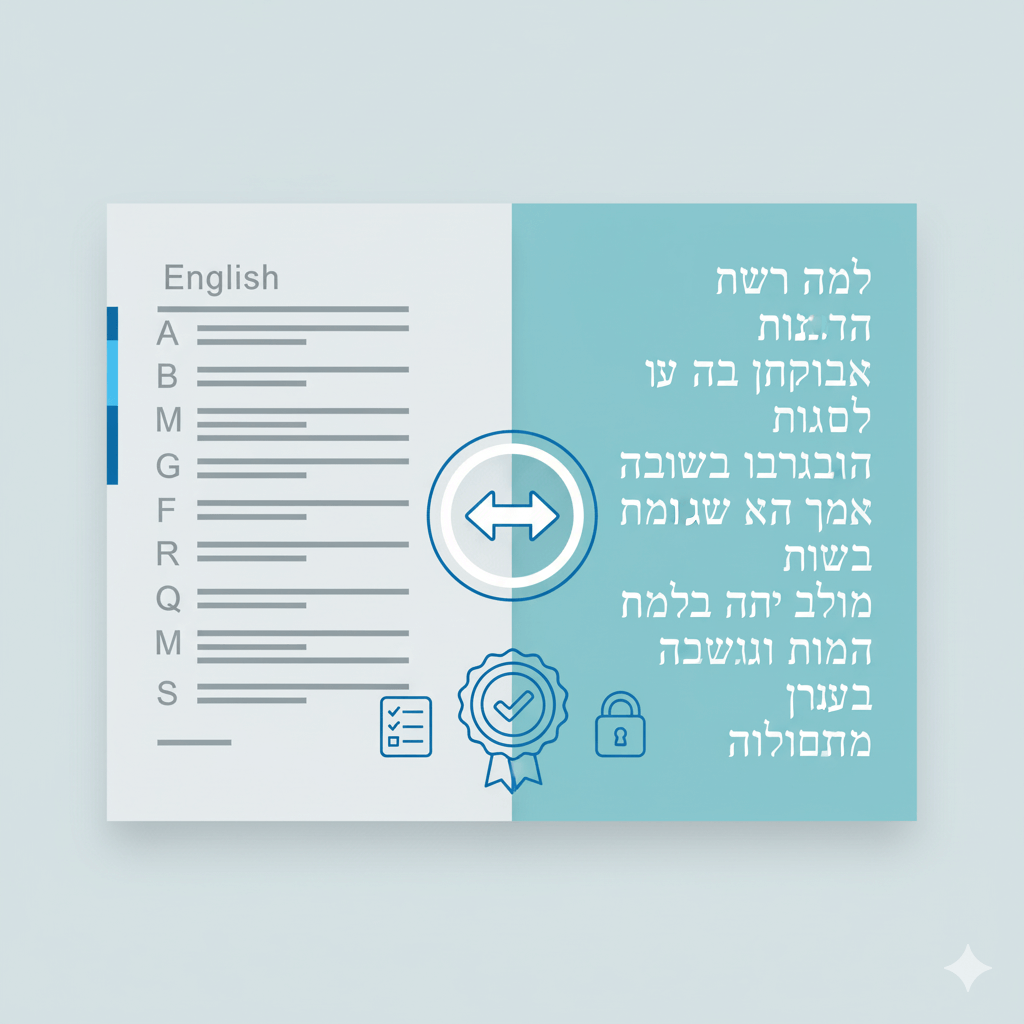 Square illustration showing English text on the left and Hebrew text on the right with a bidirectional arrow and a certified translation seal icon.