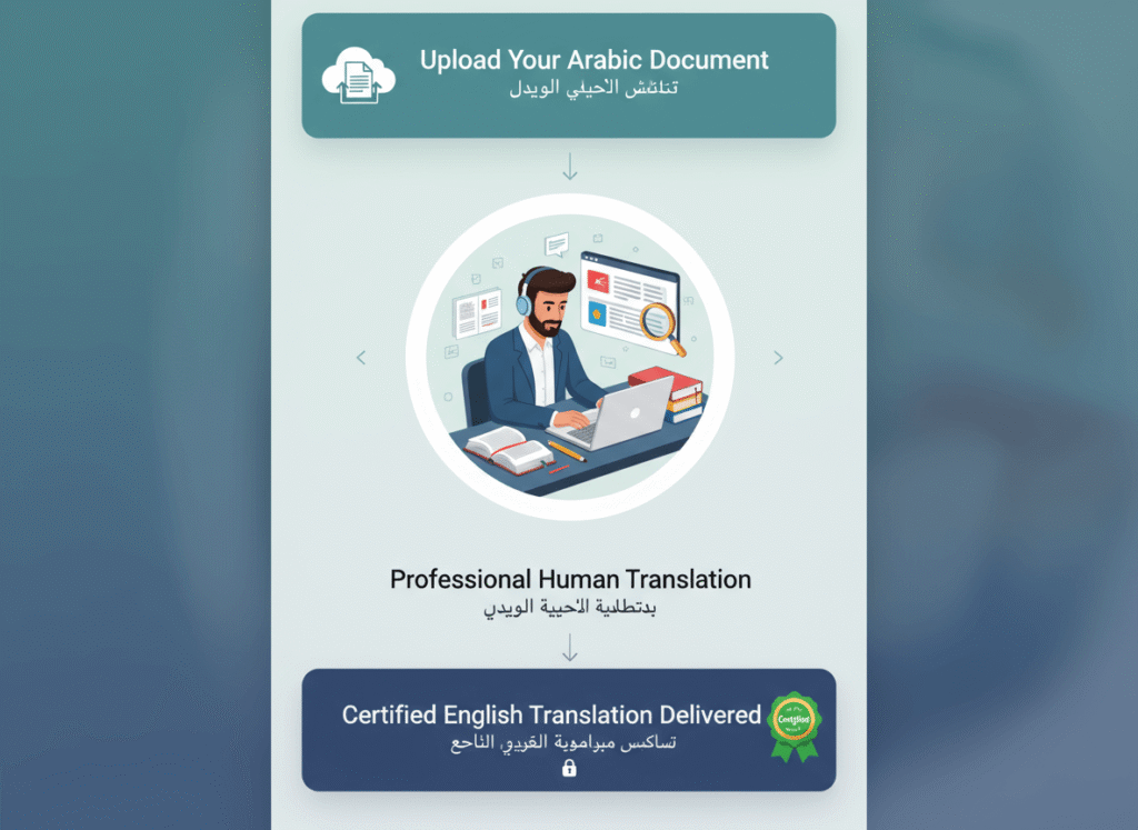 Step-by-step Arabic to English certified translation process from upload to delivery