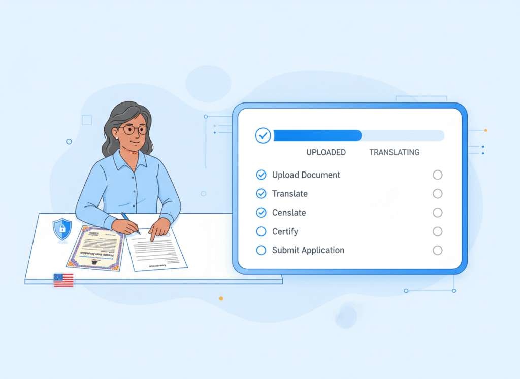 Step-by-step process showing how to get a birth certificate translated and certified for immigration