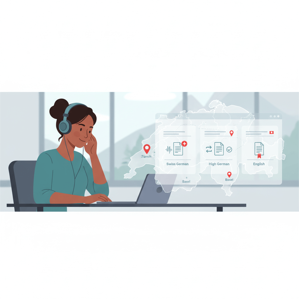 Swiss Deutsch translator hero showing Swiss German audio review and translation flow into High German and English