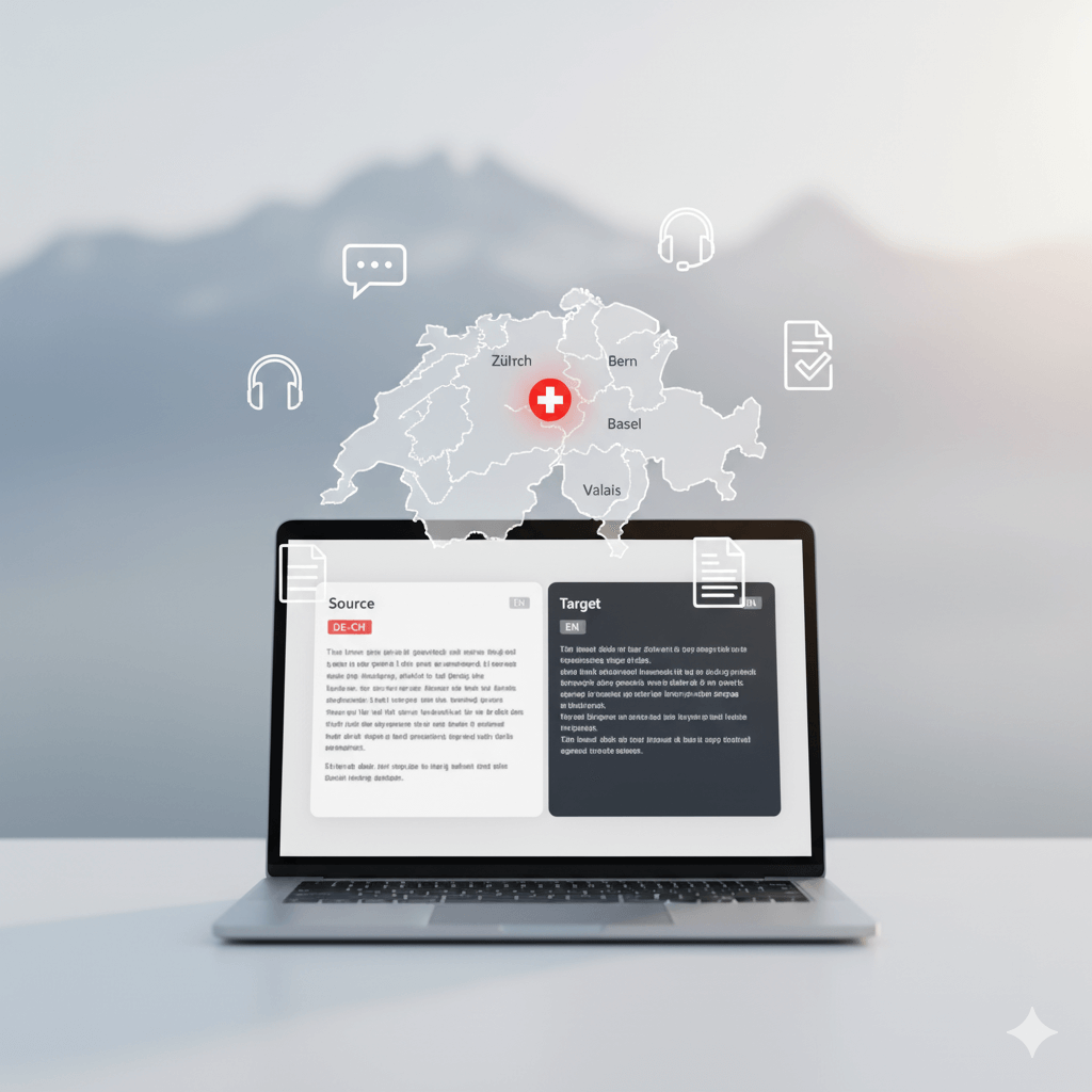 Swiss Deutsch translator workspace with Switzerland map and side-by-side Swiss German to English concept