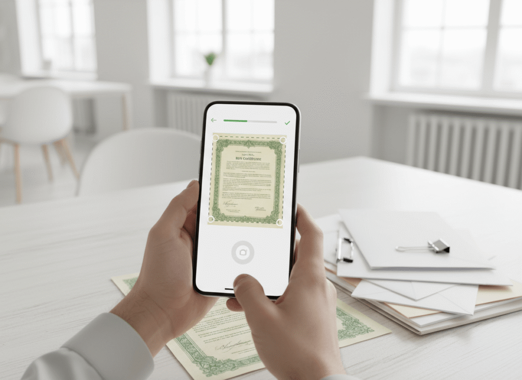 Taking a photo of a birth certificate on a smartphone to order a certified translation online