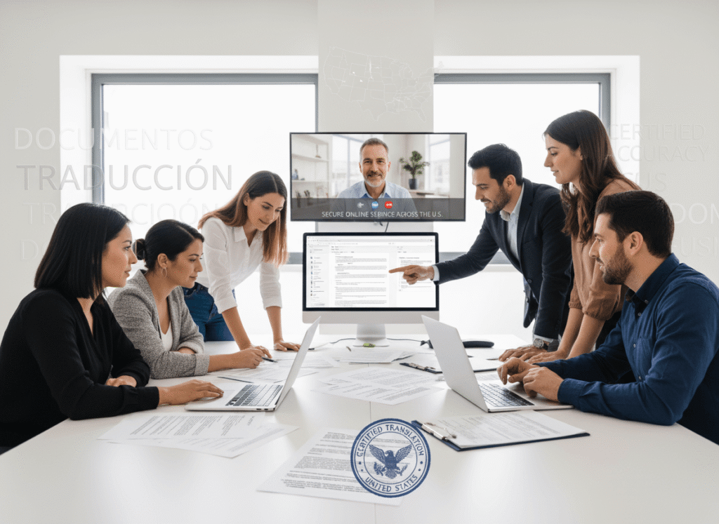 Team of certified Spanish translators providing professional Spanish to English translation services across the United States