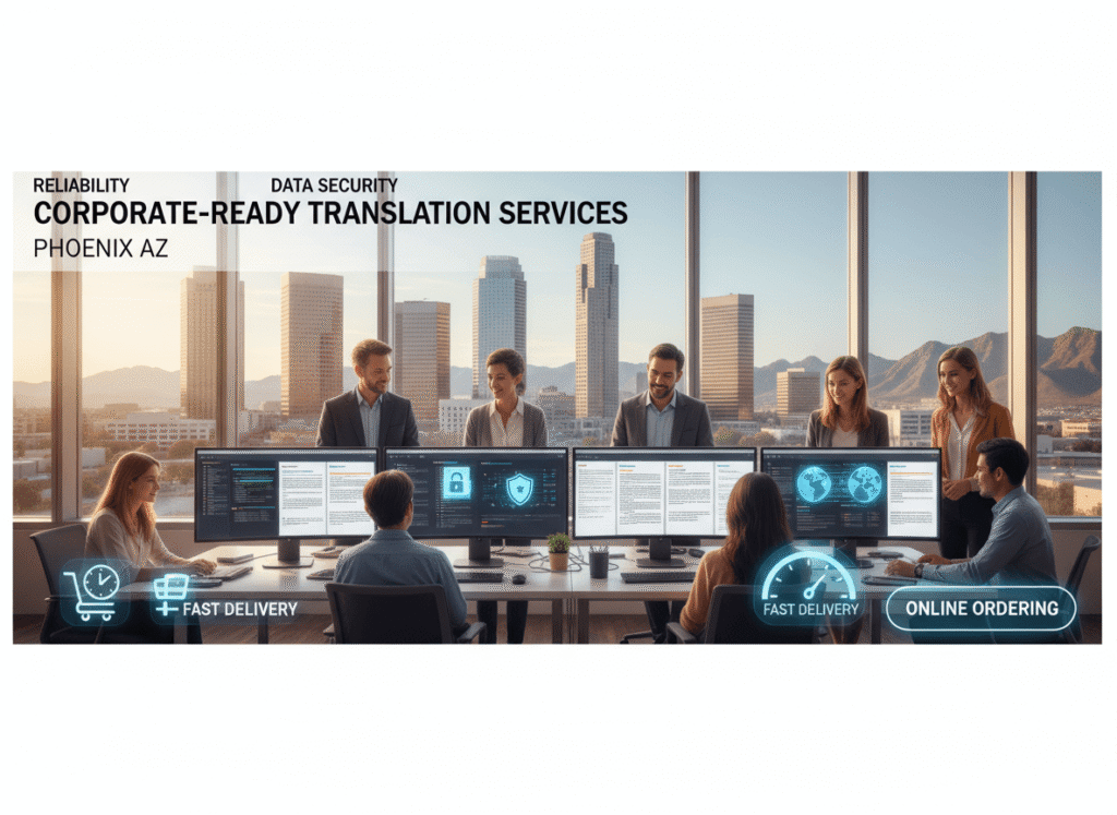 Team of translators in a modern Phoenix office providing professional translation services in Phoenix AZ