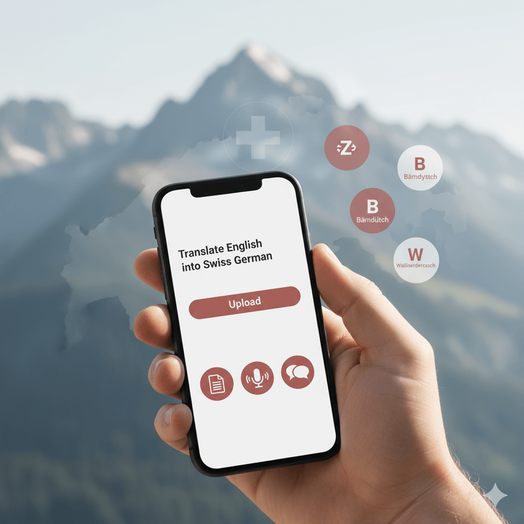 Translate English into Swiss German on mobile with dialect-aware icons and Swiss Alps backdrop