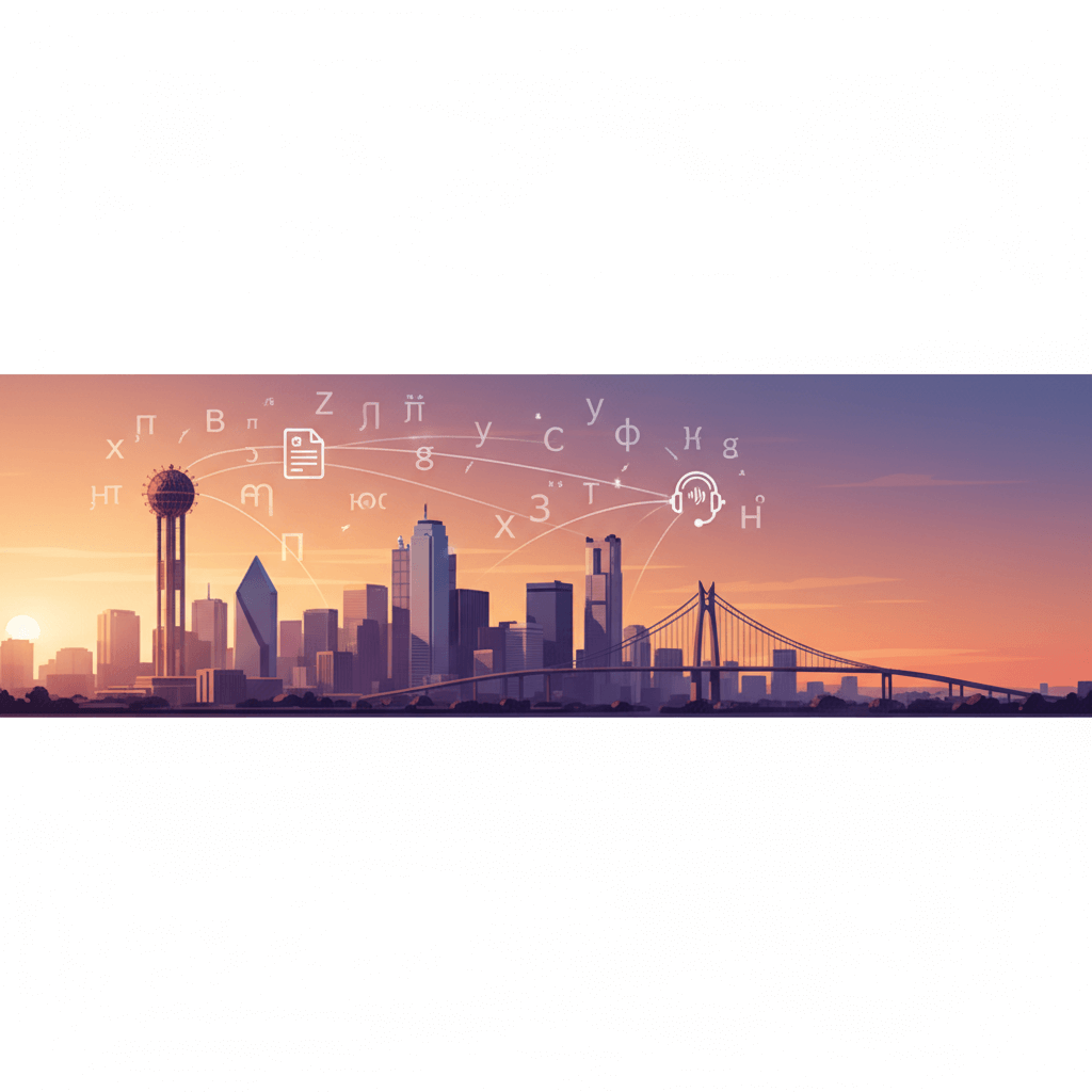 Translation company Dallas — modern skyline graphic with abstract multilingual connections.