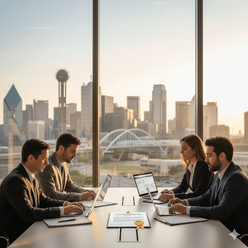 Translation services Dallas TX — diverse translators collaborating with the Dallas skyline in the background.”