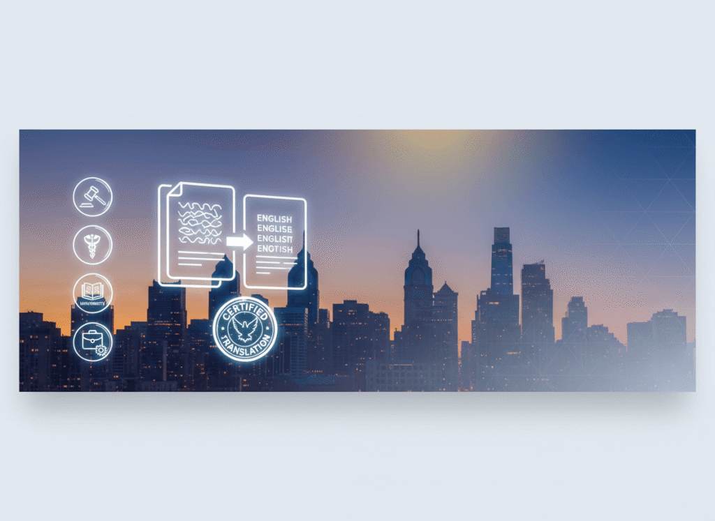 Translation services Philadelphia hero image showing skyline and certified document icons for legal medical academic and business use