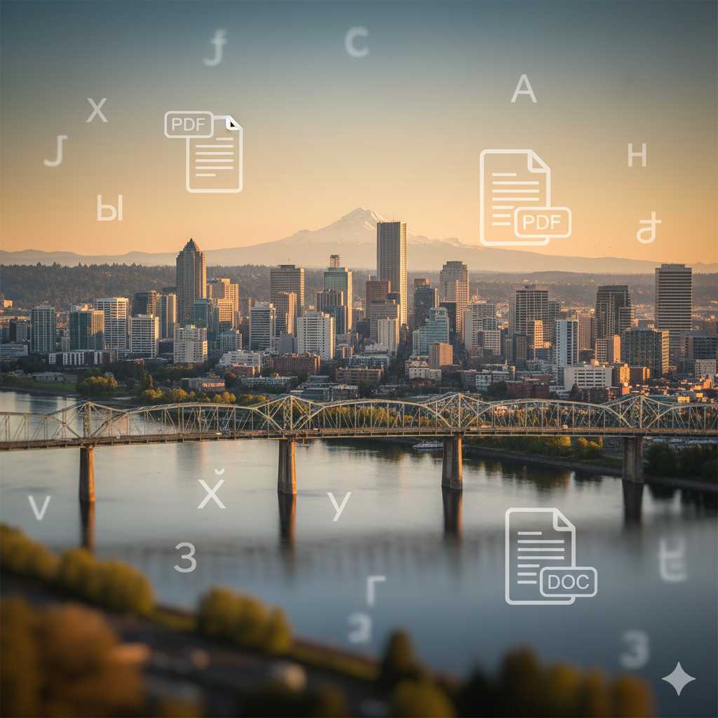 Translation services Portland Oregon — certified document translation with Portland skyline and Hawthorne Bridge