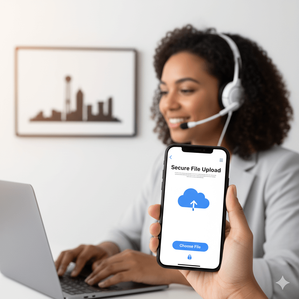 Translation services in Dallas TX — client uploading a document with an interpreter on video in the background.