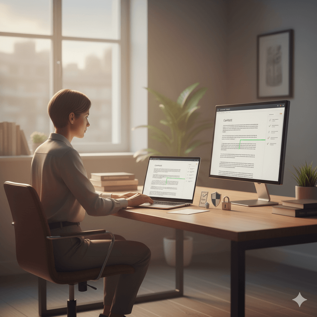 Translator delivering Portuguese to English certified translation on dual screens in a modern office.