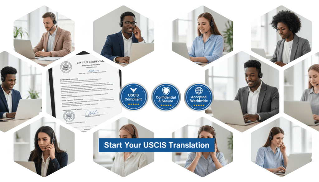 Trusted USCIS-certified translation service with compliance badges and professional translators.